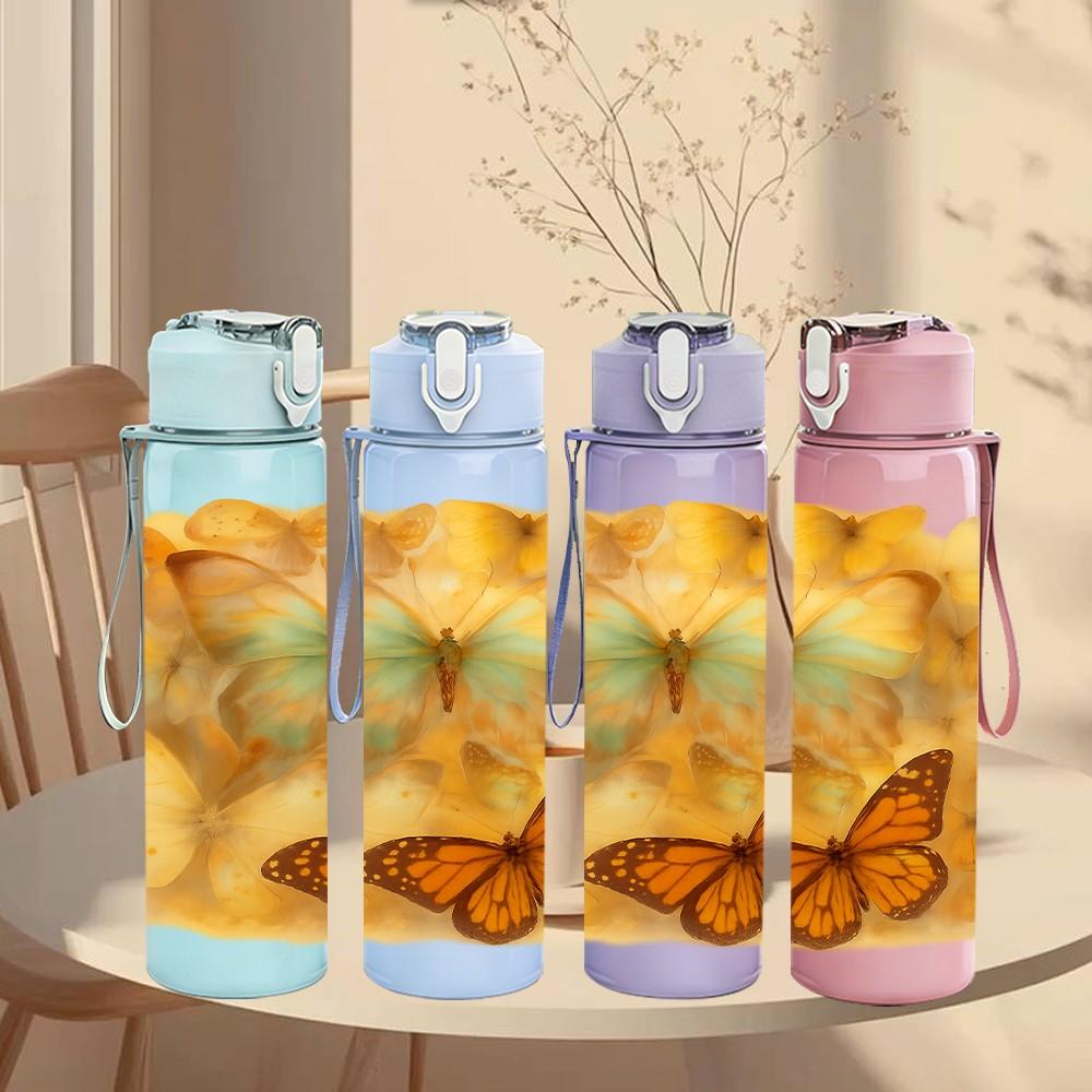 1PC Butterfly On Warm Tone Flower Print 750ml Color Plastic Sports Water Bottle Leakproof Flip Straw Lid Suitable for Sports Office Home Use