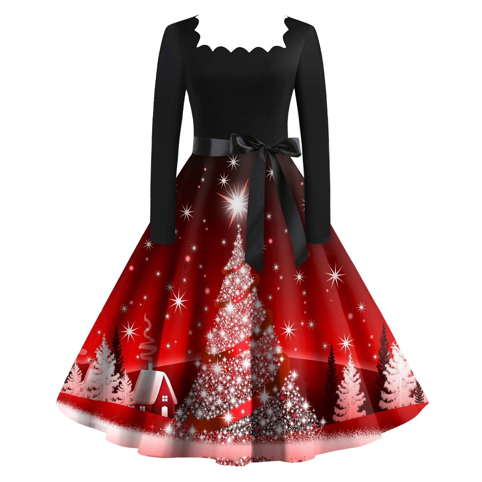 

Женские модные повседневные платья с квадратным вырезом и тонкими рождественскими принтами с длинными рукавами XXXXL винный