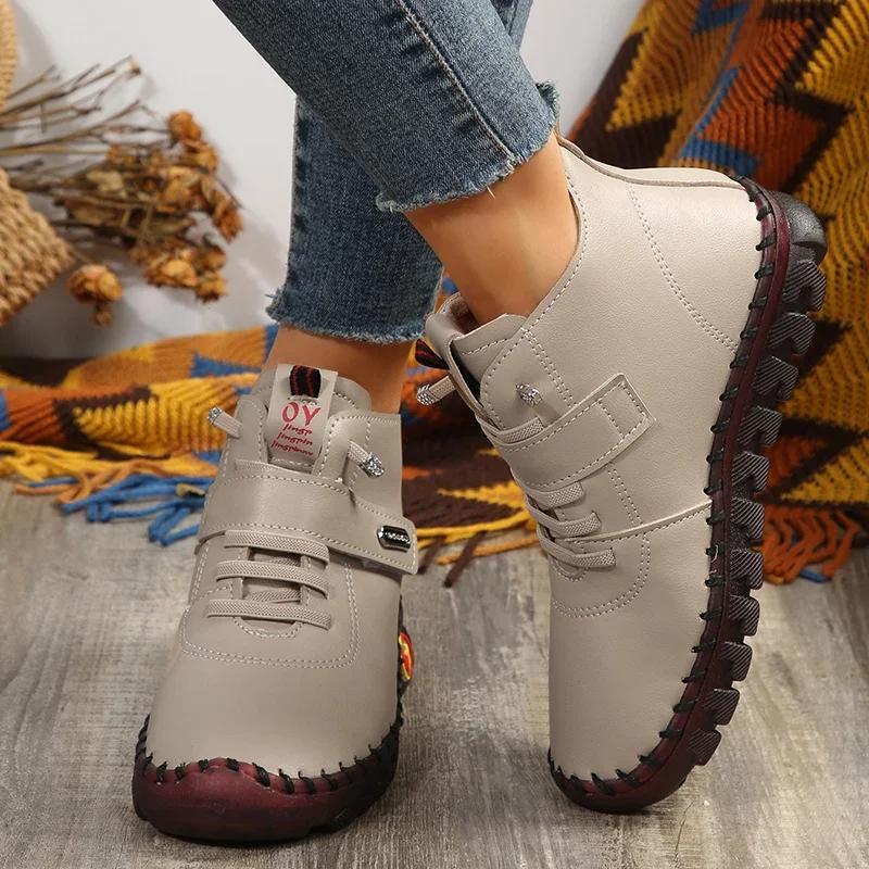 Fashion Brown PU Leather Flat Ankle Boots for Women 2024 Trend Lace Up High Top Sneakers Woman Comfy Soft Sole Casual Shoes Botas Mujer