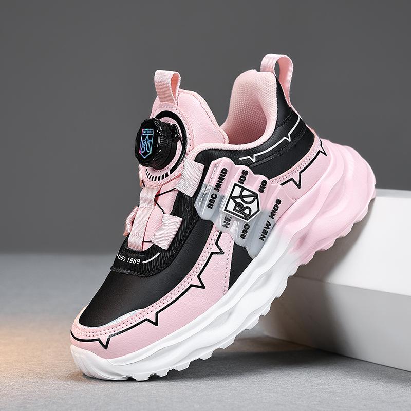 Factory direct sales 2025 winter children's sports shoes rotating buckle leather surface wear-resistant middle and older children's running shoes kids