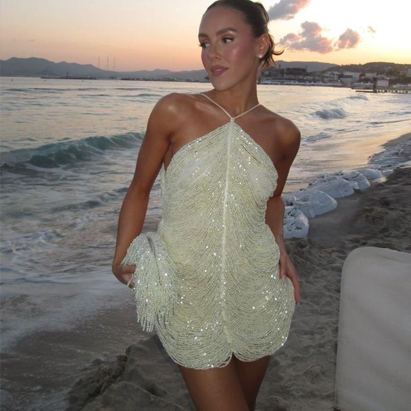 Sexy Elegant Shiny Beading Halter Short Dress Women Fashion Sequin Tassel Slim Fit Sleeveless Backless Party Dresses