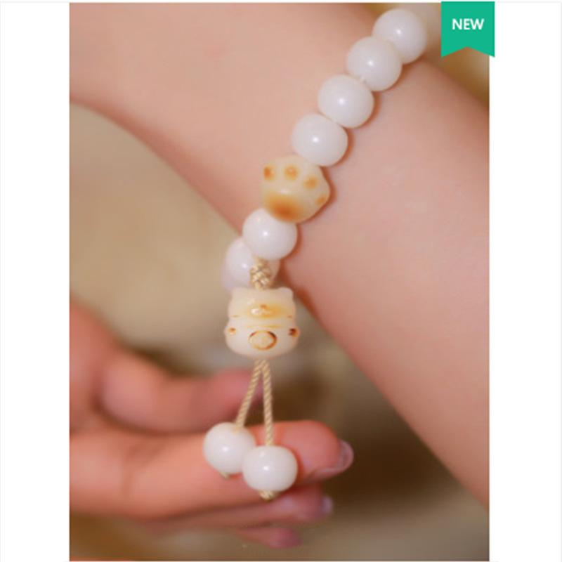 Cat Paw Charcoal Burned Bodhi Root Natural White Jade Bracelet, Burnt Color, Soft and Flexible, Decorative Bracelet for Girls