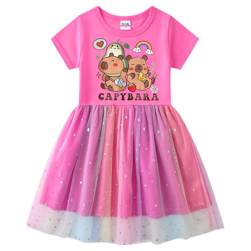 Korean Style Girls' Princess Dress with Rainbow Sequins, Mesh Pleats, and Stars - Short and Long Sleeve Options for Spring, Summer, and Autumn.