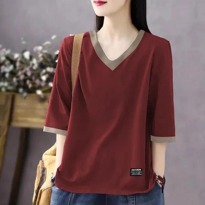 

Pure Cotton Fashion Color Block V-neck Mid-sleeve T-shirt for Women Summer Loose and Versatile Five-quarter Sleeve Top M красный