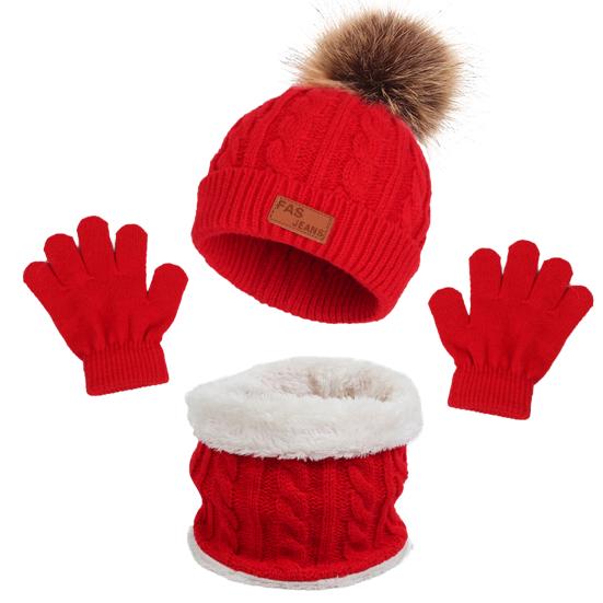 

1 Set 1-5 Years Baby Hat Scarf Gloves Plush Ball Twist Pattern Solid Color Knitted Hat Set Autumn Winter Stretchy No Brim Cap for Outdoor червоний