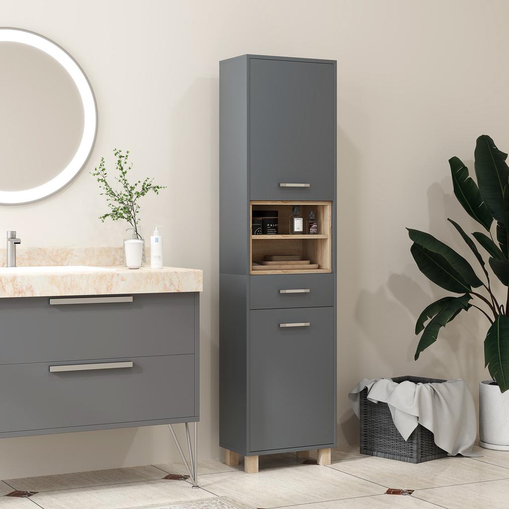 Bathroom Storage Cabinet with 2 Cupboards, Drawer, Open Compartments, Grey