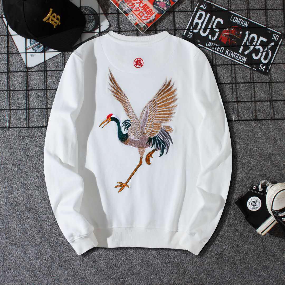 Crane Embroidery Chinese Style Men s Velvet Thickened Hoodie - Winter Round Neck Loose Fit 4XL (80-90kg)