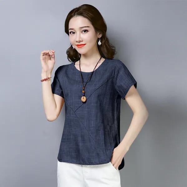 Women's Summer Blouses Vintage Linen Cotton Women Tops Blouses Short Sleeve Women Shirts Women Loose Clothing Blusas 2127