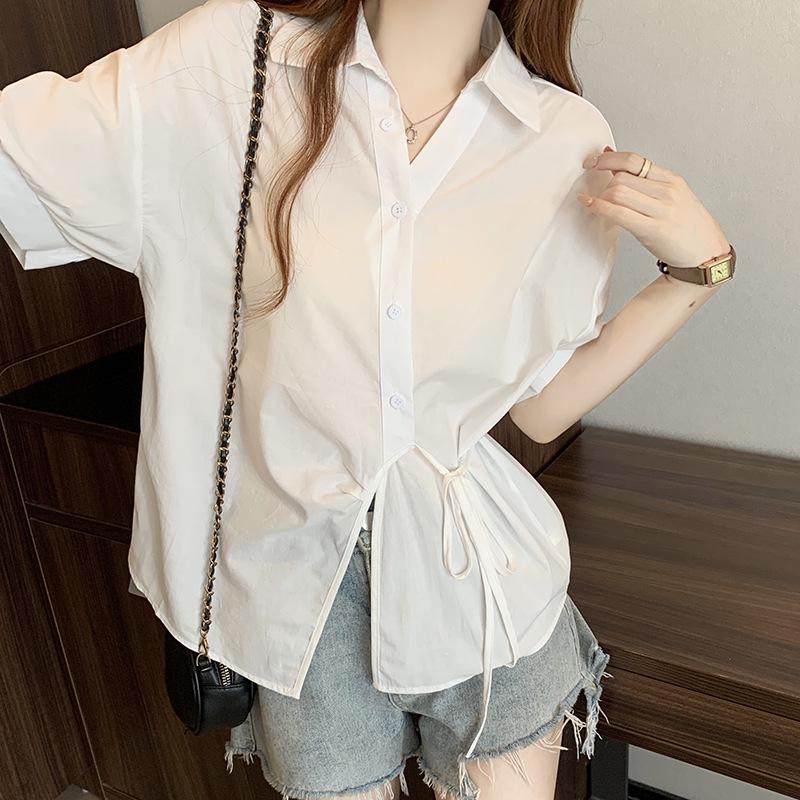 

2026 Summer Plus Size Women s Sweet Chic Irregular Minimalist Loose Slimming Short Sleeve Shirt 2XL білий