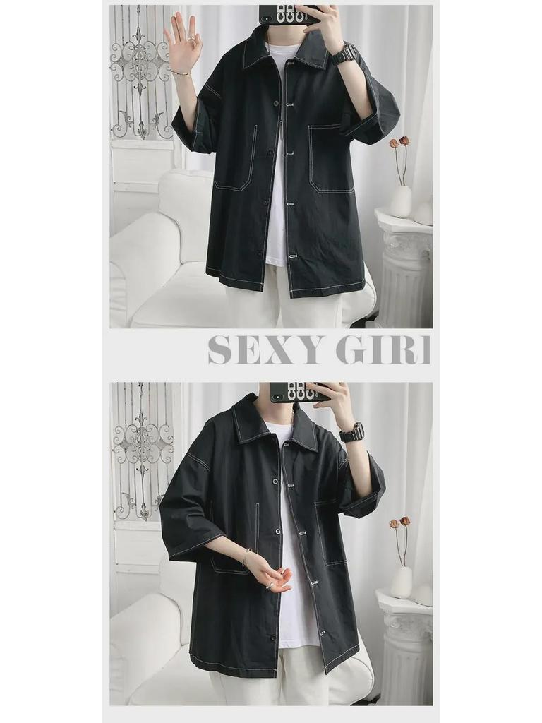 Men's Trendy Short-Sleeve Workwear Shirt - Hong Kong & Japanese Style, Loose Fit, Summer-Ready