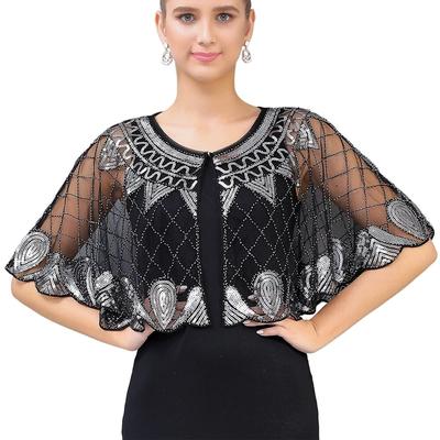 Women's 1920s Shawl Beaded Sequin Deco Evening Cape Bolero Flapper Cover Up See-through Scalloped Hem Party Shawl