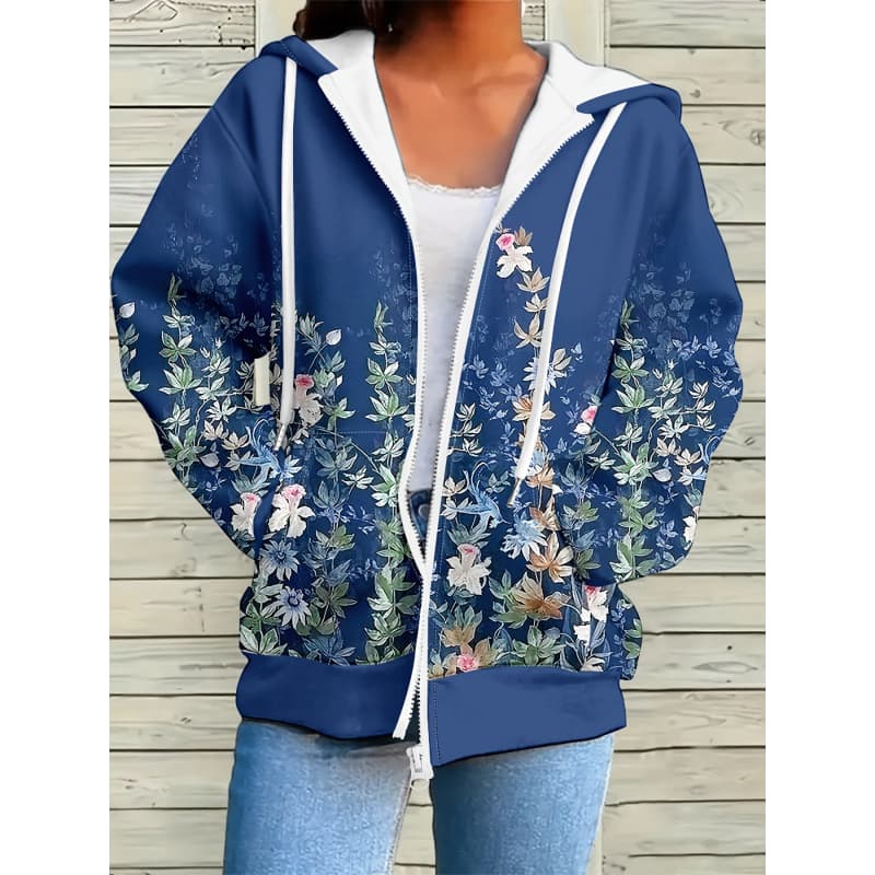 Women's 3D Printed Zipper Hooded Sweatshirt, Long Sleeves, Casual Sport Style