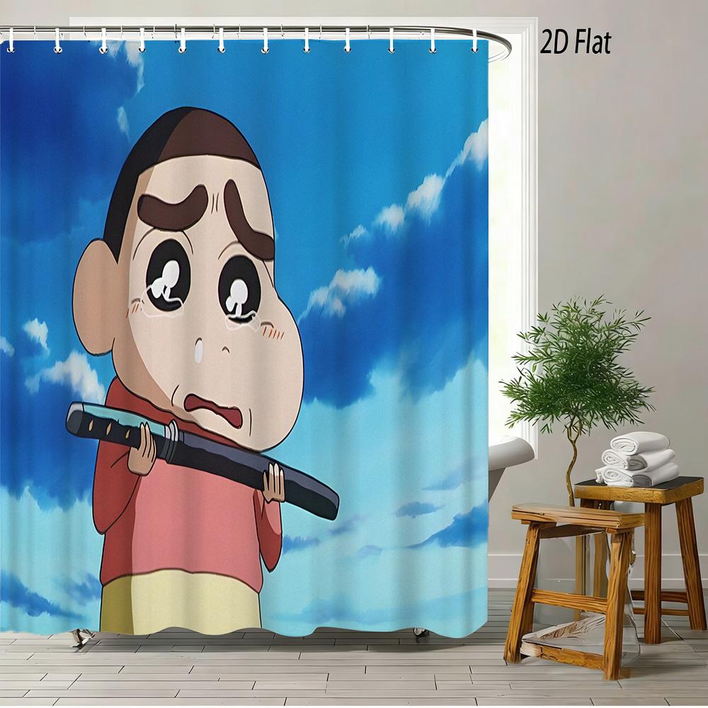 Crayon Shin-Chan & Himawari & Shiro & Leopard & Rooster Jungle Adventure Scene 2D Print Waterproof Shower Curtain, Bright Green