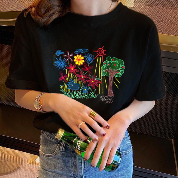 White Cotton Casual ort Sve T-irt Women's Oversize Top Korean Sle Chic Large Size round Ne Print Summer irt
