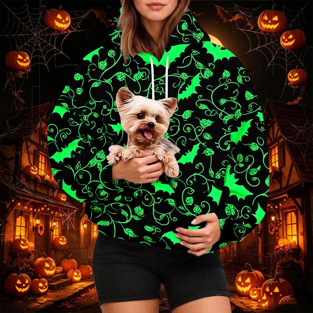 Dámská módní mikina s kapucí a potiskem na Halloween s kapsou na mazlíčka, ležérní mikina