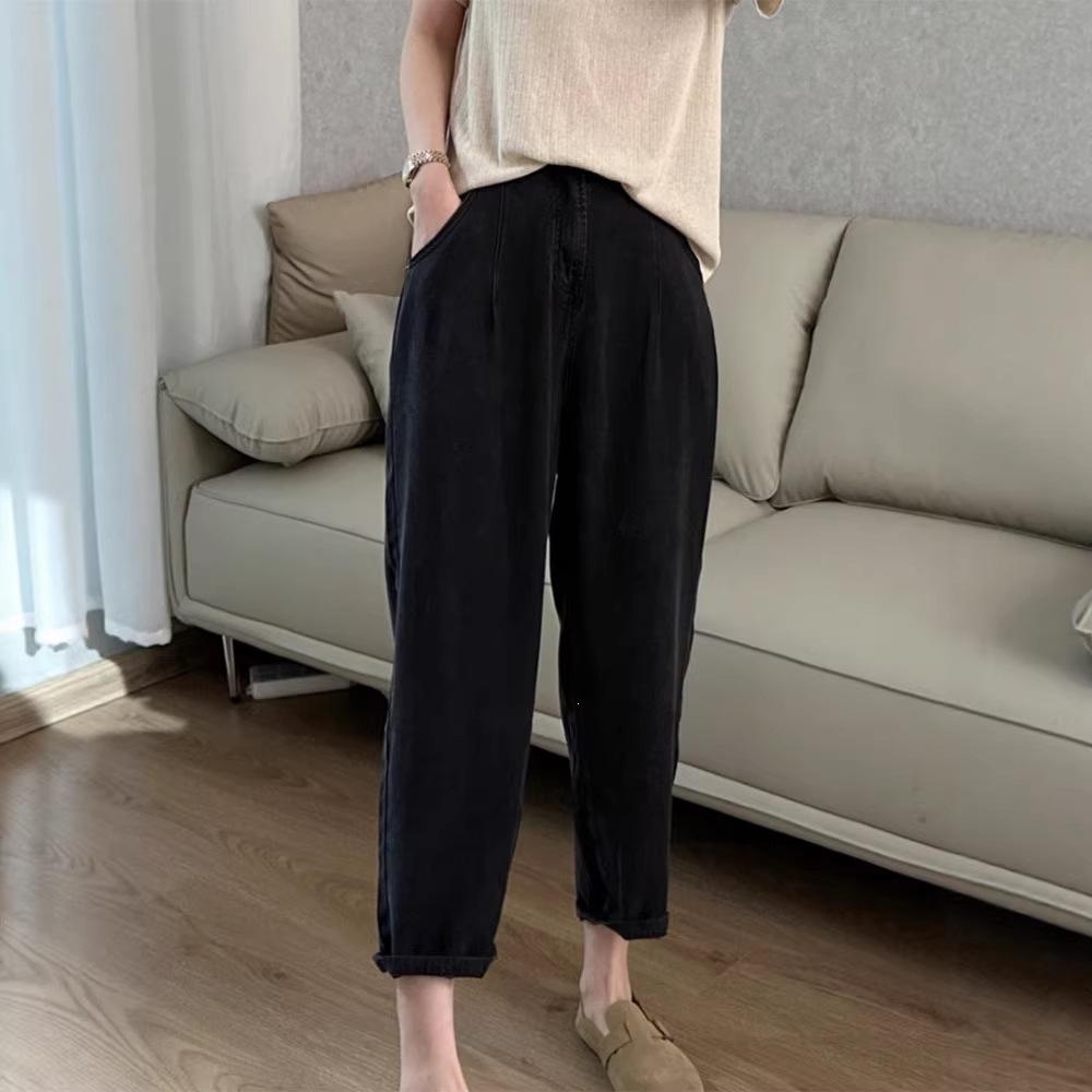 Women's Plus Size Tencel Denim Jeans - Summer Thin Ice Silk High Waist Slimming Harem Wide Leg Pants for Pear Shape.