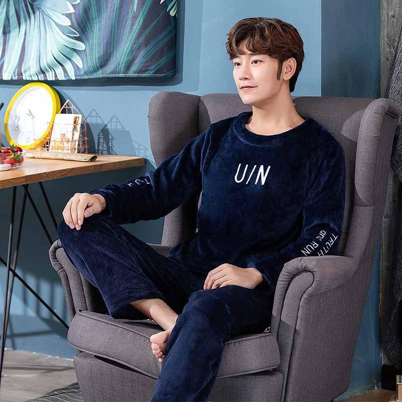 Thickened Warm Winter Flannel Pajamas Men Padded Long-Sleeved Long Trousers Letters Sleepwear Homewear Loungewear Two-Piece Set