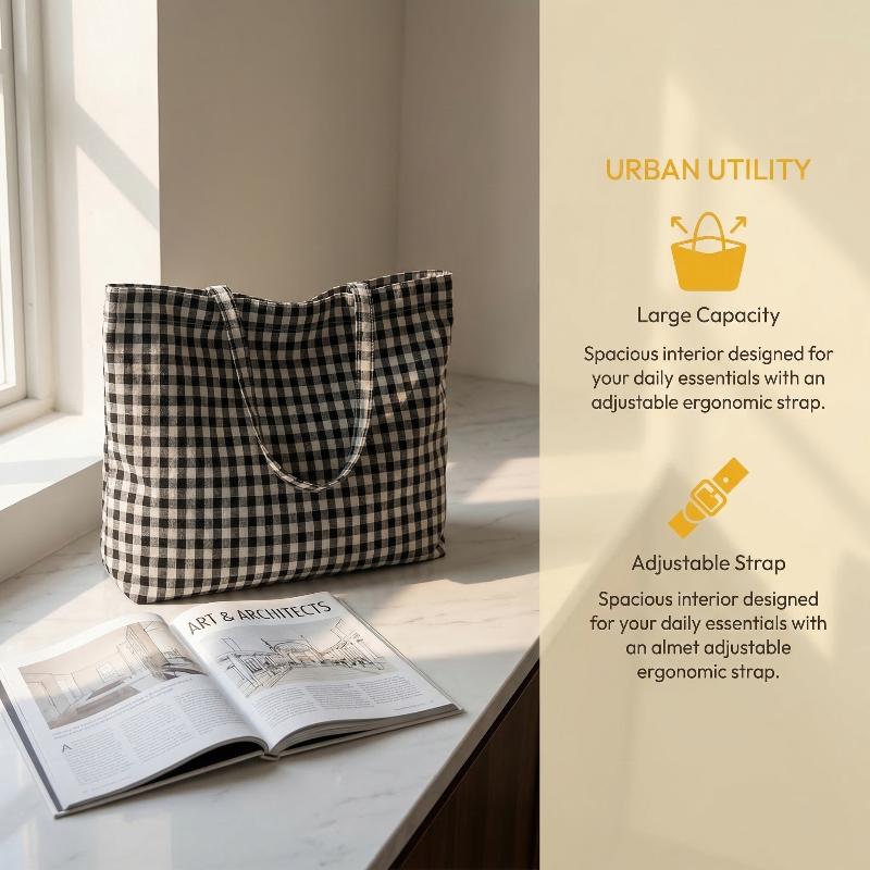 Fresh Plaid Pattern Shoulder Bag Comfortable Lightweight Shopping Bag Casual Large Capacity Tote for Women Daily Use Accessory