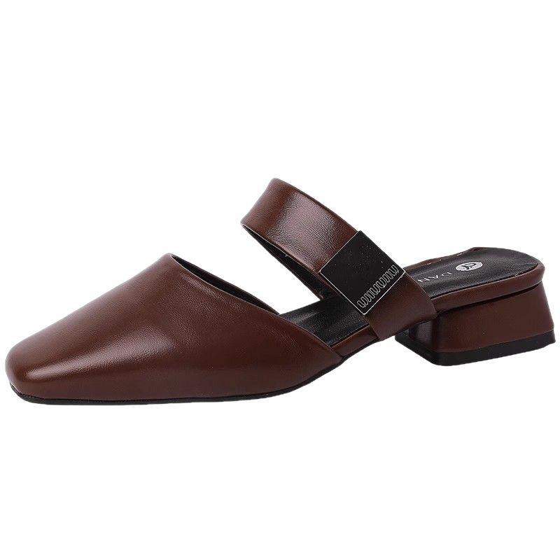 Temperament versatile bag head half slippers women's summer new retro thick low heel Mary Jane slope heel sandals lazy shoes