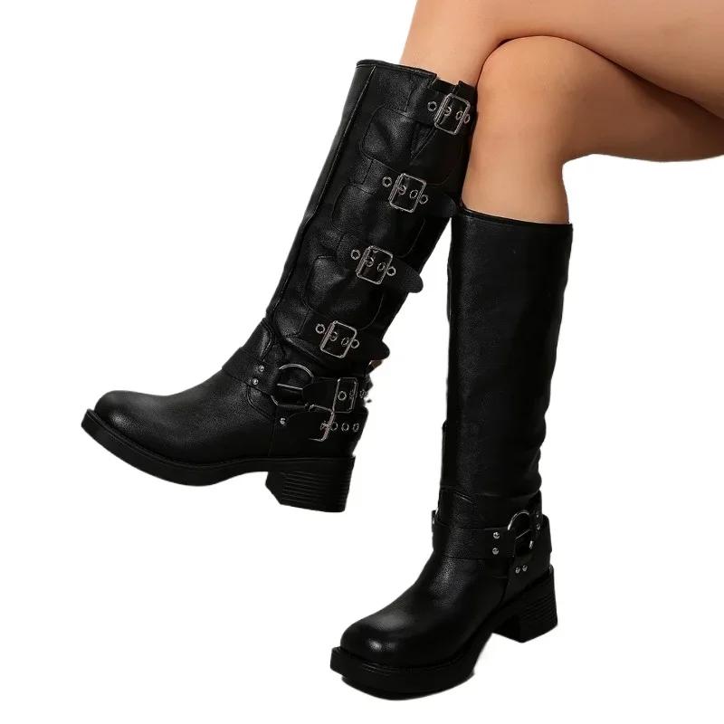 2024 Fashion Women's Shoes Slip-on Women's Boots Hot Sale Belt Buckle Modern Boots Women Winter Plus Size Solid Knee-High Boots