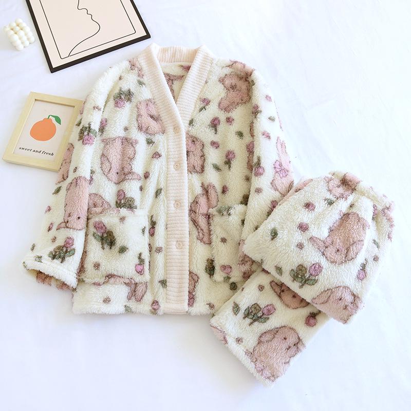 Women's Cozy Flannel Pajama Set – Tulip Rabbit Design for Autumn & Winter