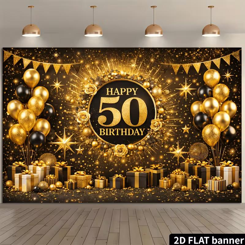 2D Luxury Black Gold Floral 50 Years Old Birthday Photography Backdrop Banner