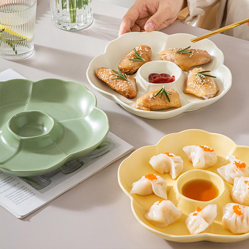 Ceramic Dividing Dumpling Plates New Household 8.5 Inch Flower Shape Kitchen Tableware with Sauce Dish Underglazed Colour Plate