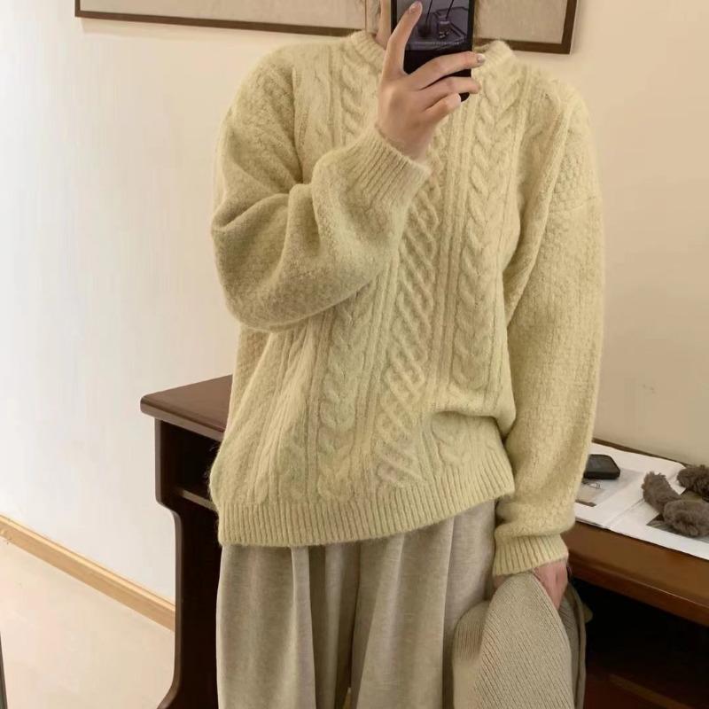 Crew Neck Retro Twisted Sweater Women's Autumn and Winter New Solid Color Lazy Wind Loose Thick Pullover Bottoming Knitted Sweater