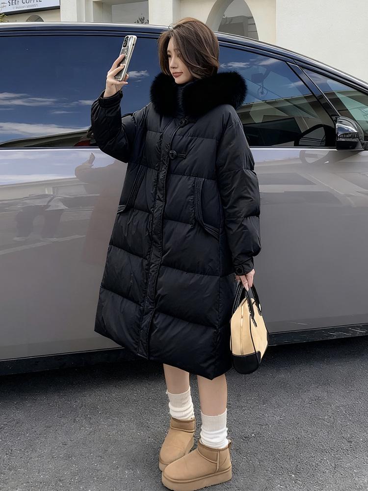 2026 Plus Size Women's Long Thickened Down Jacket with Fox Fur Collar, 200 Jin Capacity, Loose Fit, Extra Long Style