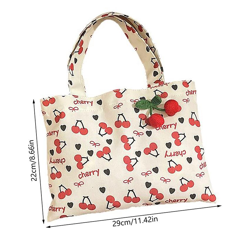 Cute Red Cherry Print Tote Canvas Bag Large Capacity Travel Portable Sundries Storage Bag Girl Sweet Commuter Shoulder Bag Gifts
