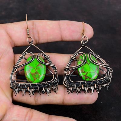 Copper Green Turquoise Earring Copper Wire Wrapped Earrings Gemstone Jewelry Handmade Latest Design Earring Gift For Her Copper Wire Jewelry