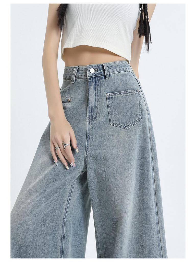 American Raw Edge Wide-Leg High-Waist Jeans for Women - Trendy Floor-Length Straight Pants