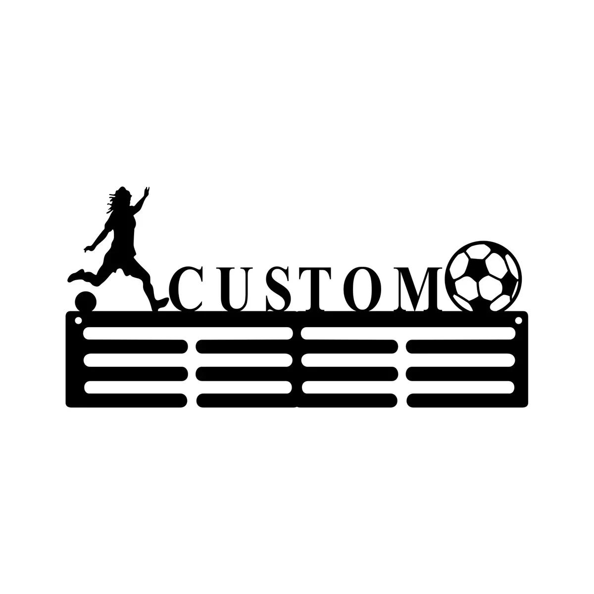 

Soccer Medal Holder Custom Female Player Name Display 12 Rungs for Ribbons and Awards Wall Organizer