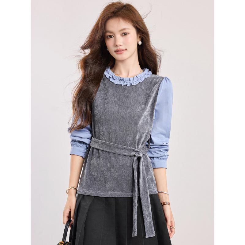 

Chic Women s 2026 Spring Patchwork French Wood Ear Edge Waist-Cinched Shirt Medium серый