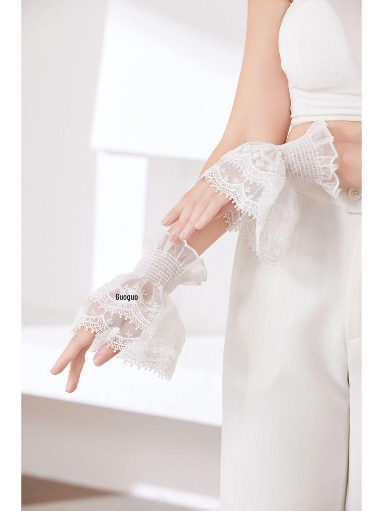 Lace Mesh Embroidered Double-Layer Sleeves with Cuffs 