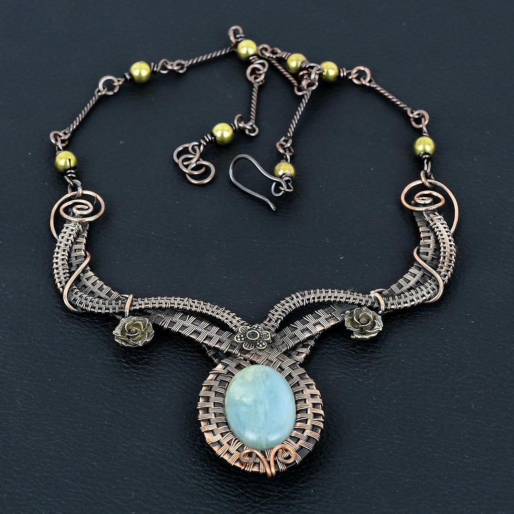 Aquamarine Necklace Handmade Jewelry, 999 Copper Wire Wrapped Necklace Designer Gemstone Jewelry Adjustable Chain Necklace Gift For Mom