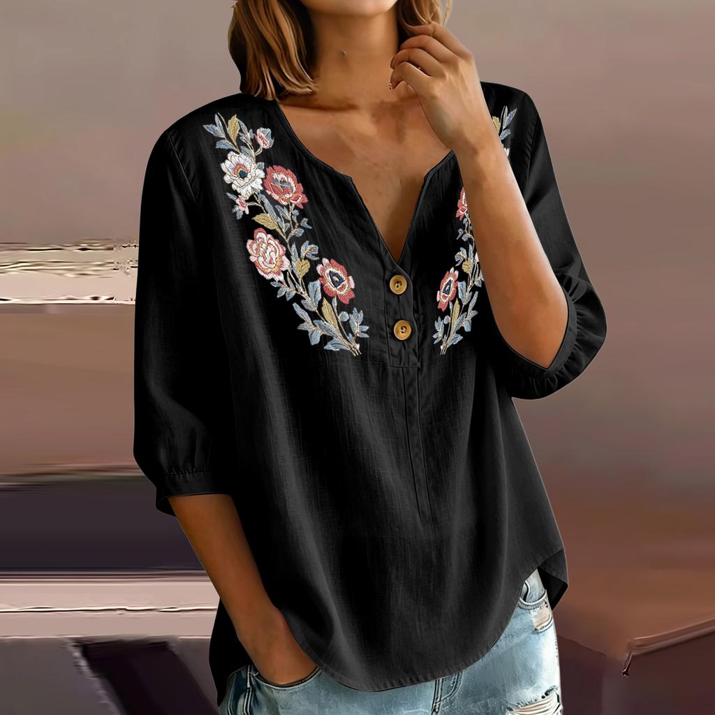 Damen Florale Stickerei Henley Knopfleiste Dreiviertelärmel Leinen Baumwolle Bluse Lässig Lockerer Schnitt Hemd