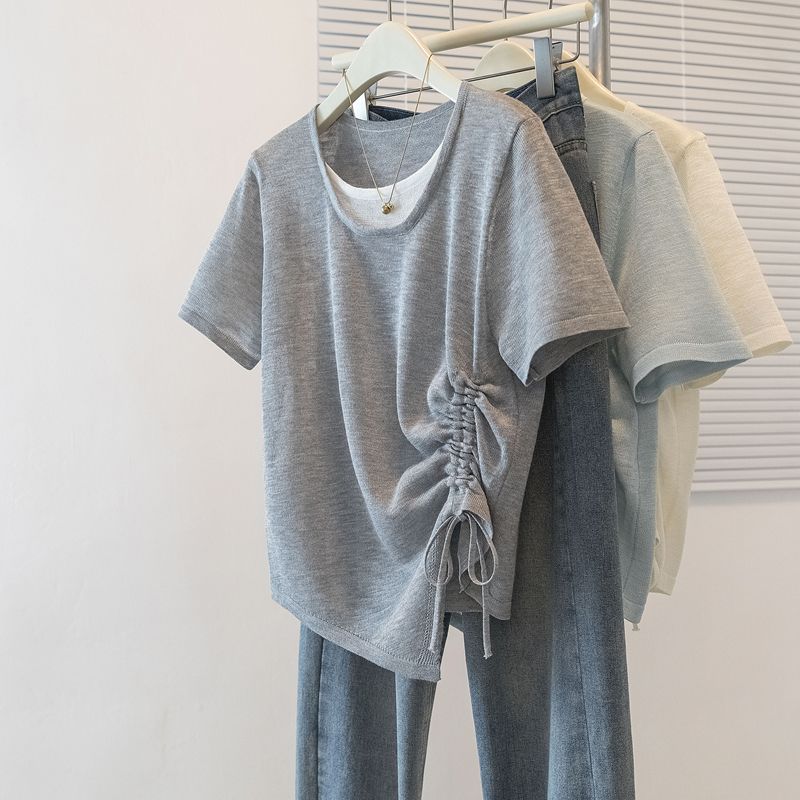 Women Fake Two Piece Layered Short Sleeve T Shirt Side Drawstring Ruched Irregular Hem Casual Tee s серый