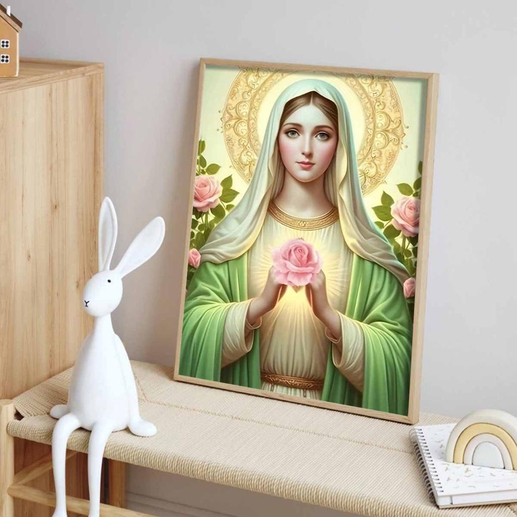 Diamond Painting Set DIY 5D Full Diamond Virgin Mary with Pink Roses Crafts for Home Wall Decoration