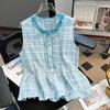 Women Summer Casual Plaid Tank Top Lace Up Tie Neck Ruffle Hem