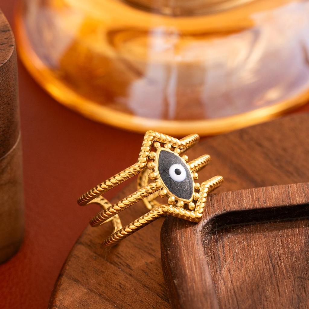 Devil's Eye Stainless Steel Open Ring with Titanium-Oil Drip and Vacuum Electroplated Eye Design