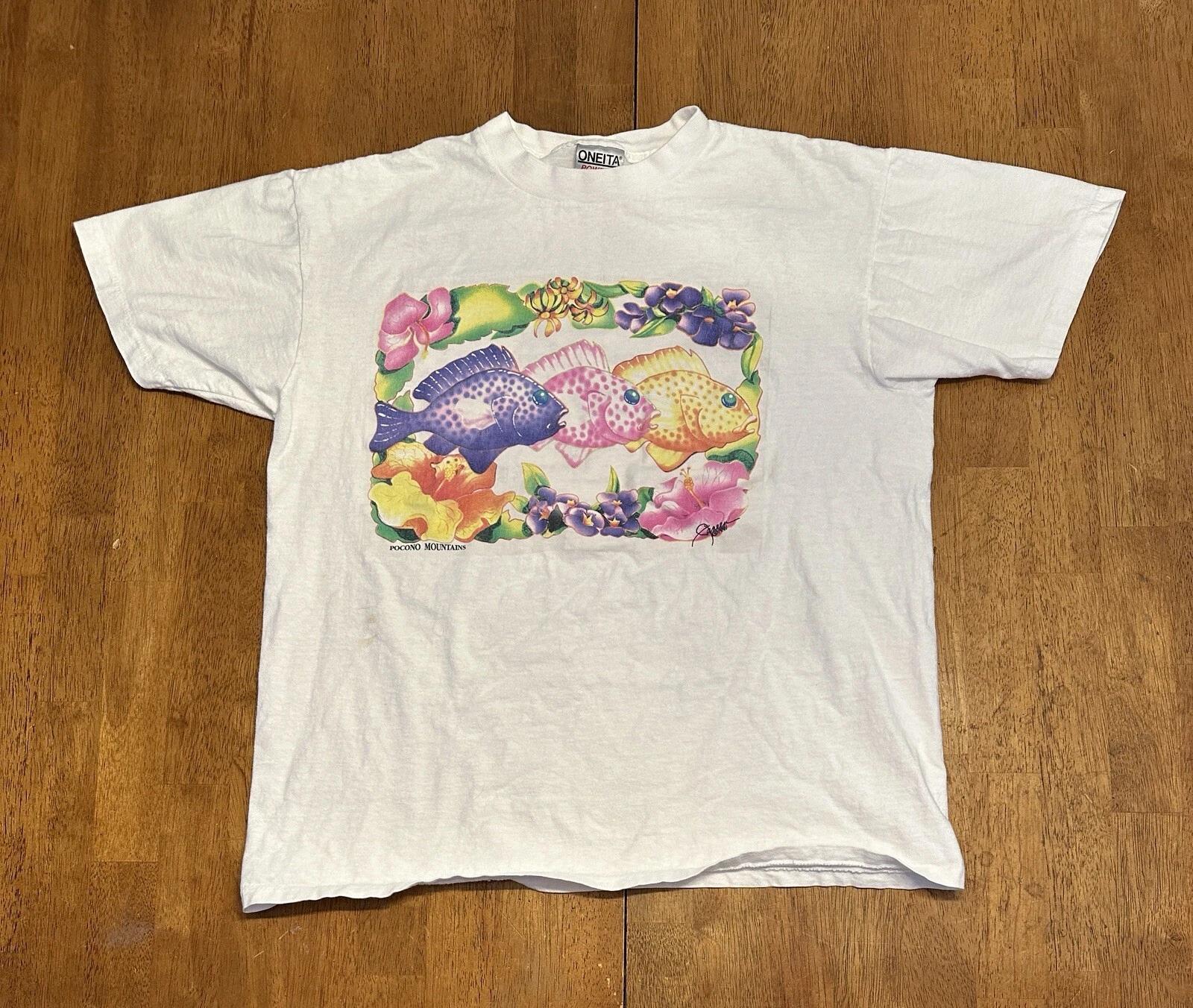 Vintage 90s Pocono Mountains Tropical Fish T Shirt Large Nature Single Stitch 2XL