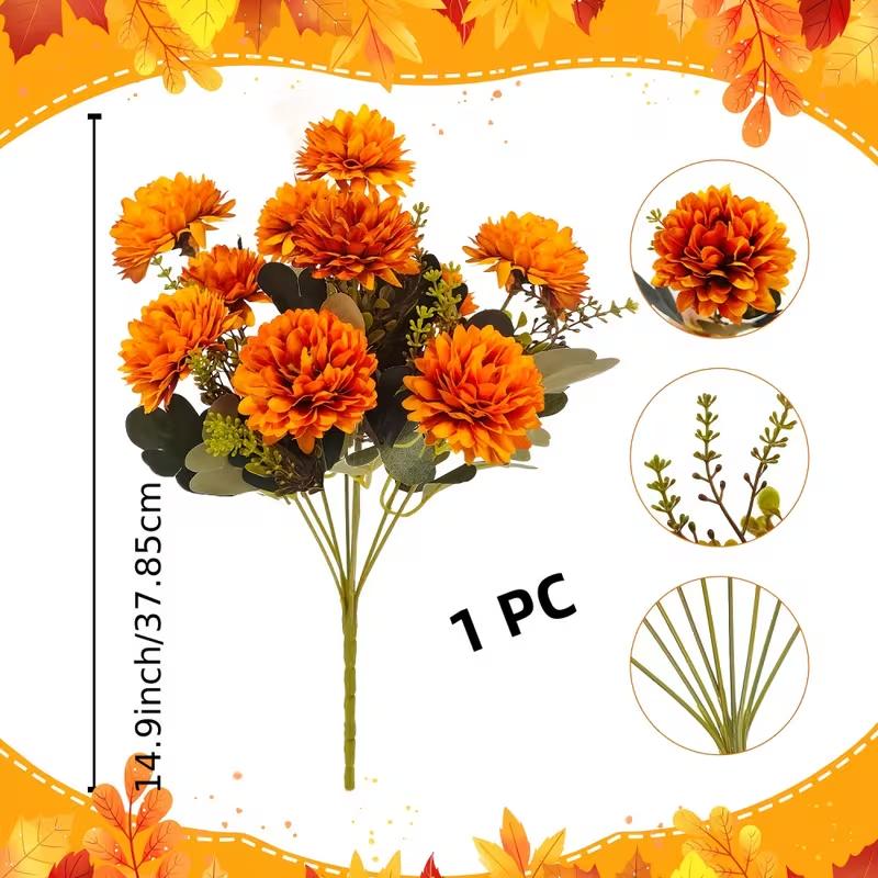 

9 Realistic Artificial Flowers Vibrant Orange Chrysanthemums with Bendable Stems, Artificial Floral Decor