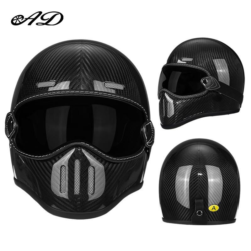 Vintage-Style Full Face Motorcycle Helmet Carbon Fiber Fiberglass Retro Cruiser Men Women Universal Fit