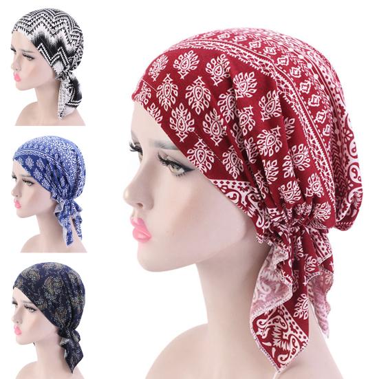 Klassisches bedrucktes faltbares Kopftuch Mütze Baumwollmischung Rüschenrand Dehnbar Schlafbeanie Haar Accessoires