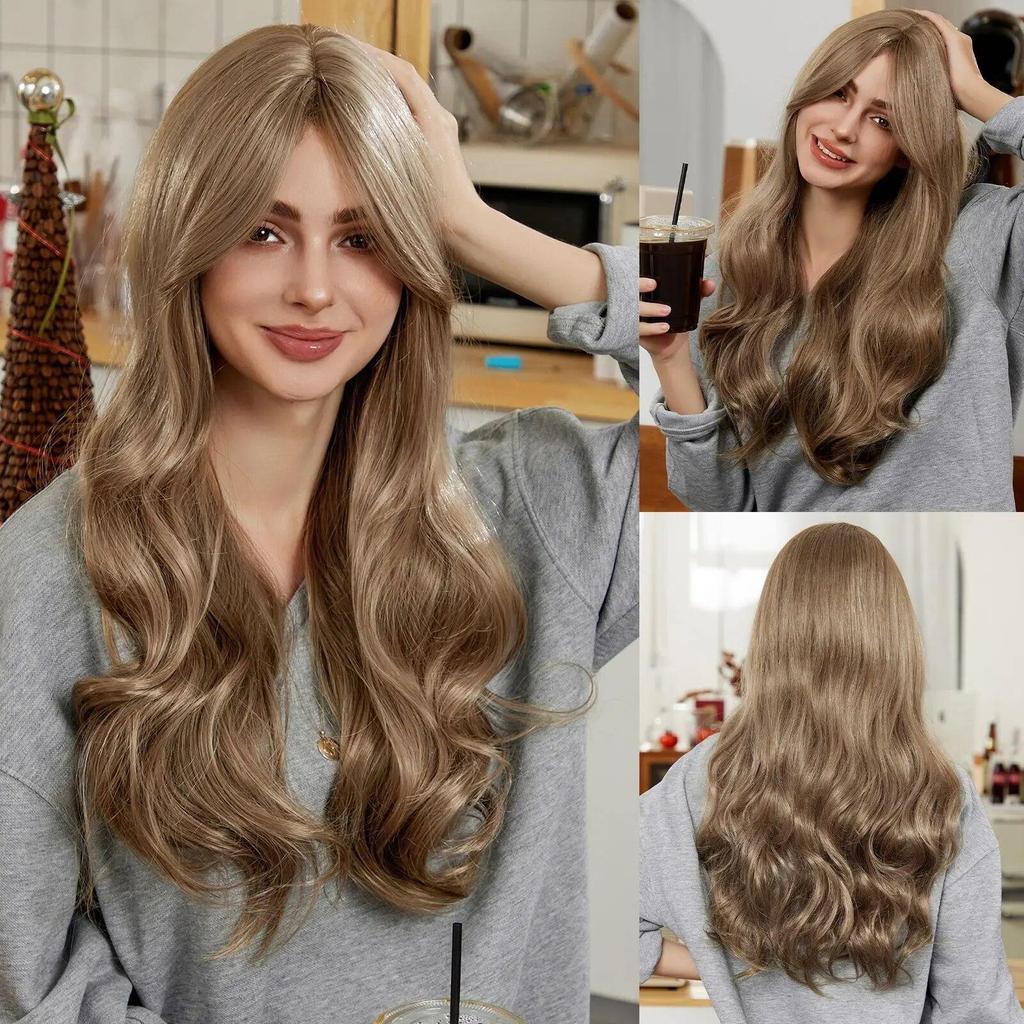 LOUIS FERRE Schwarze gewellte synthetische Perücken für Frauen, natürliches langes Haar mit Pony, hitzebeständige Faserperücke für den täglichen Gebrauch