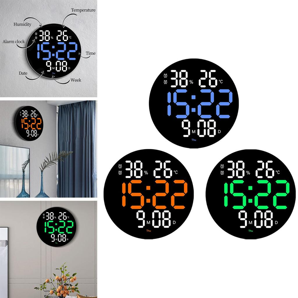 Multifunctional Wall Clock Round Remote Control Time Week Date Temperature Humidity Display for Home Dining Room
