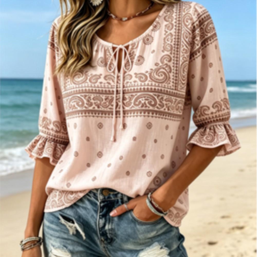 Women's Pink Boho Print Blouse, Drawstring Neck 3/4 Flare Sleeve Sweet Casual Loose Tunic for Daily Vacation Wear