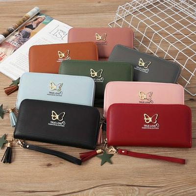 Butterfly Long Large Capacity Single Zipper Multifunctional Fashion Korean Style Wallet with Multiple Card Slots Faux Leather Coin Purse Handbag