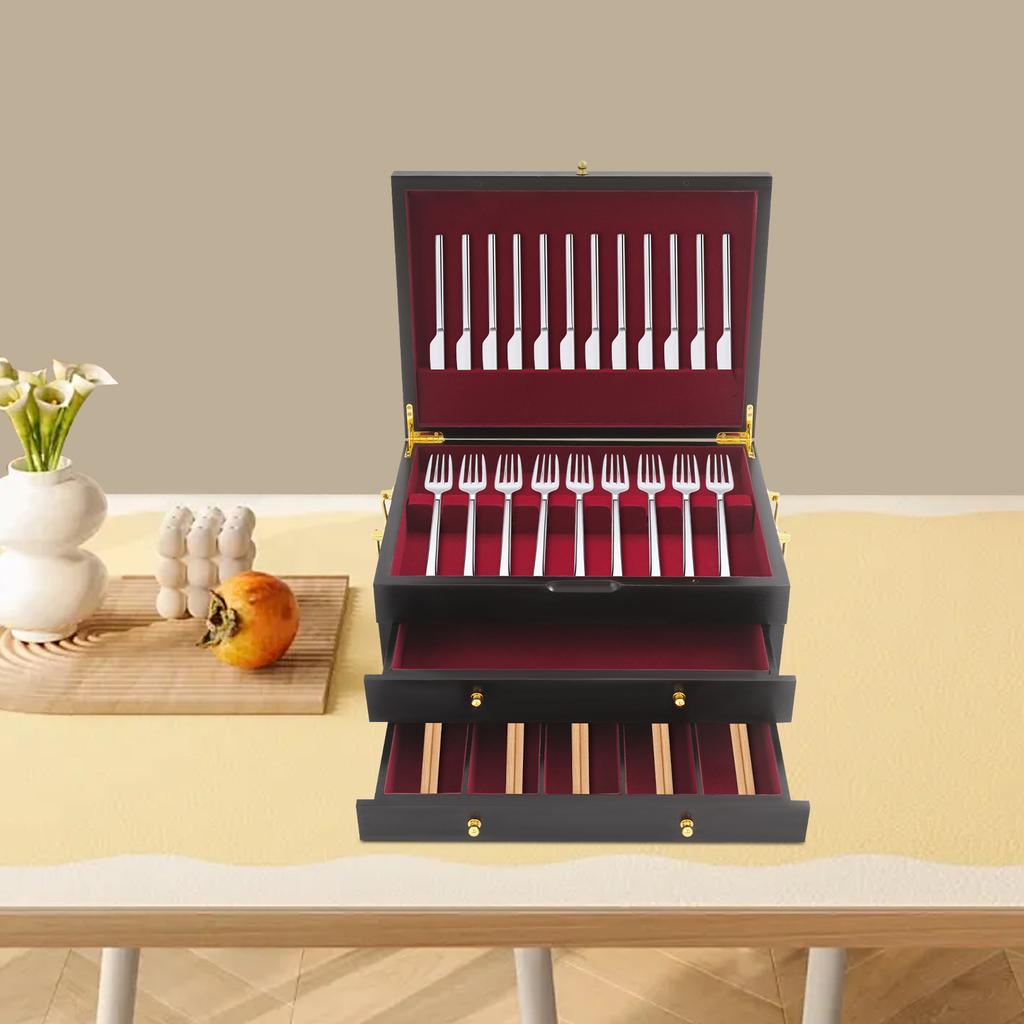 39x29x17.5cm Kiefernholz 3 Etagen Holz Besteckkasten, Handgefertigte Schwarz Rote Aufbewahrungsbox Freistehend für Zuhause, Restaurants
